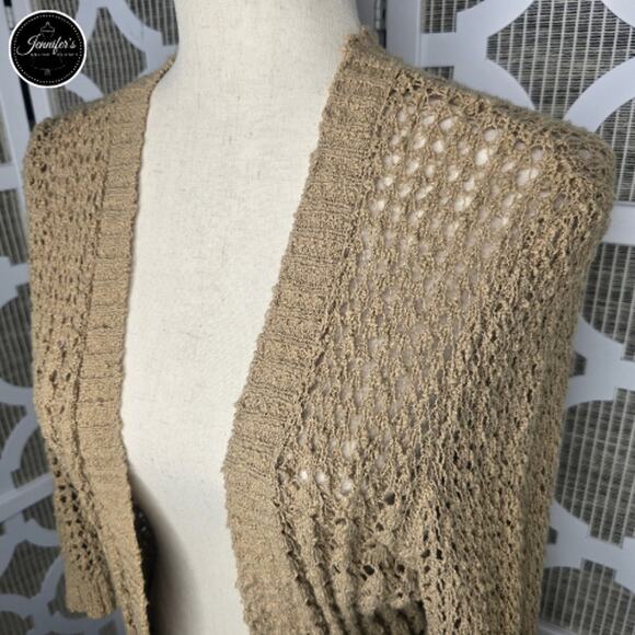 Cable & Gauge Tan Open Crochet Weave 3/4 Sleeve Open Front Cardigan Size L - Picture 2 of 9